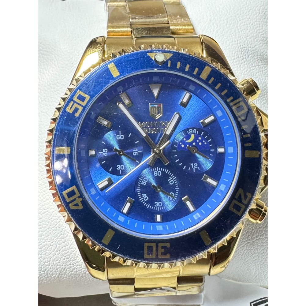 Montres Prestige MPW-0093 Mens Chronograph Watch Gold Blue Dial Moon Phase New